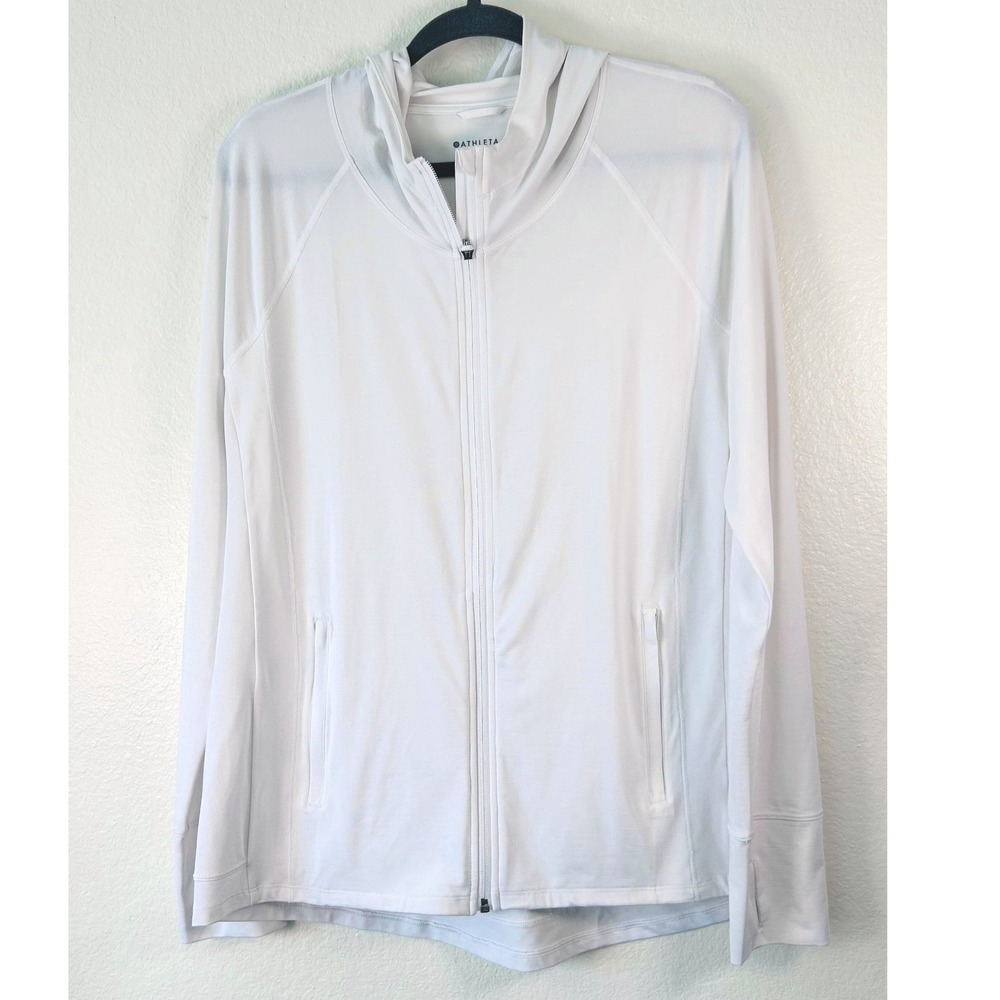 Athleta Gorpcore White Full Zip Hooded Jacket Thumbholes Size L Activewear